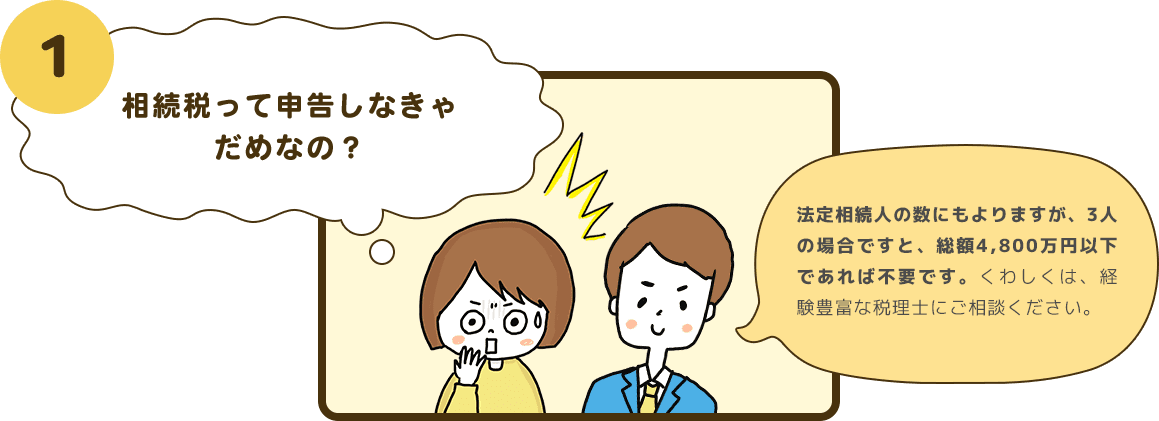 1 相続税って申告しなきゃだめなの？ 法定相続人の数にもよりますが、3人の場合ですと、総額4,800万円以下であれば不要です。くわしくは、経験豊富な税理士にご相談ください。