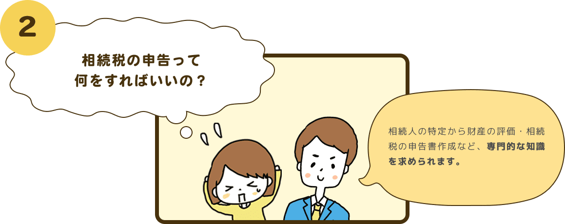 2 相続税の申告って何をすればいいの？ 相続人の特定から財産の評価・相続税の申告書作成など、専門的な知識を求められます。