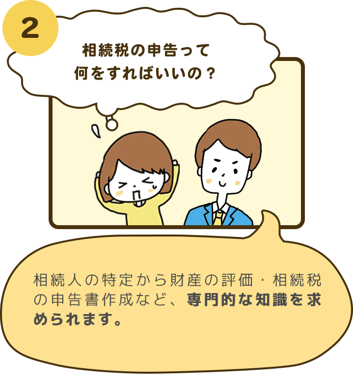 2 相続税の申告って何をすればいいの？ 相続人の特定から財産の評価・相続税の申告書作成など、専門的な知識を求められます。