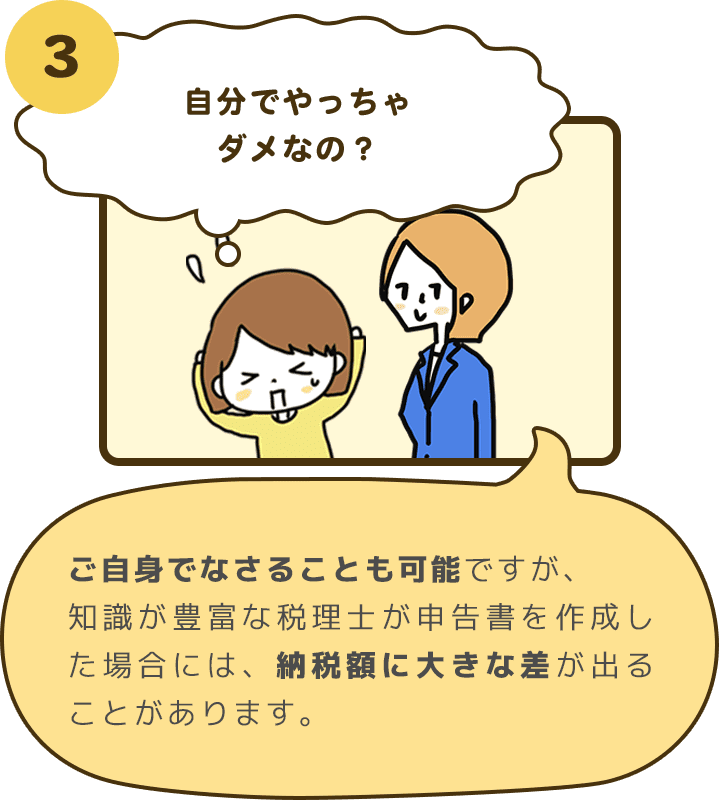 3 自分でやっちゃダメなの？ ご自身でなさることも可能ですが、知識が豊富な税理士が申告書を作成した場合には、納税額に大きな差が出ることがあります。