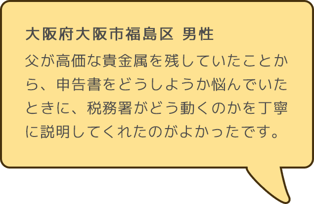 大阪府大阪市福島区 男性 父が高価な貴金属を残していたことから、申告書をどうしようか悩んでいたときに、税務署がどう動くのかを丁寧に説明してくれたのがよかったです。