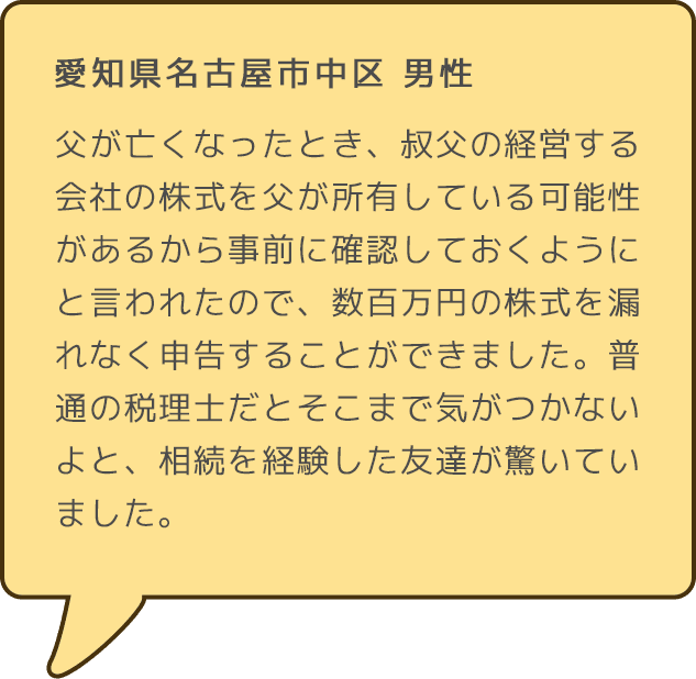 愛知県名古屋市中区 男性  父が亡くなったとき、叔父の経営する会社の株式を父が所有している可能性があるから事前に確認しておくようにと言われたので、数百万円の株式を漏れなく申告することができました。普通の税理士だとそこまで気がつかないよと、相続を経験した友達が驚いていました。